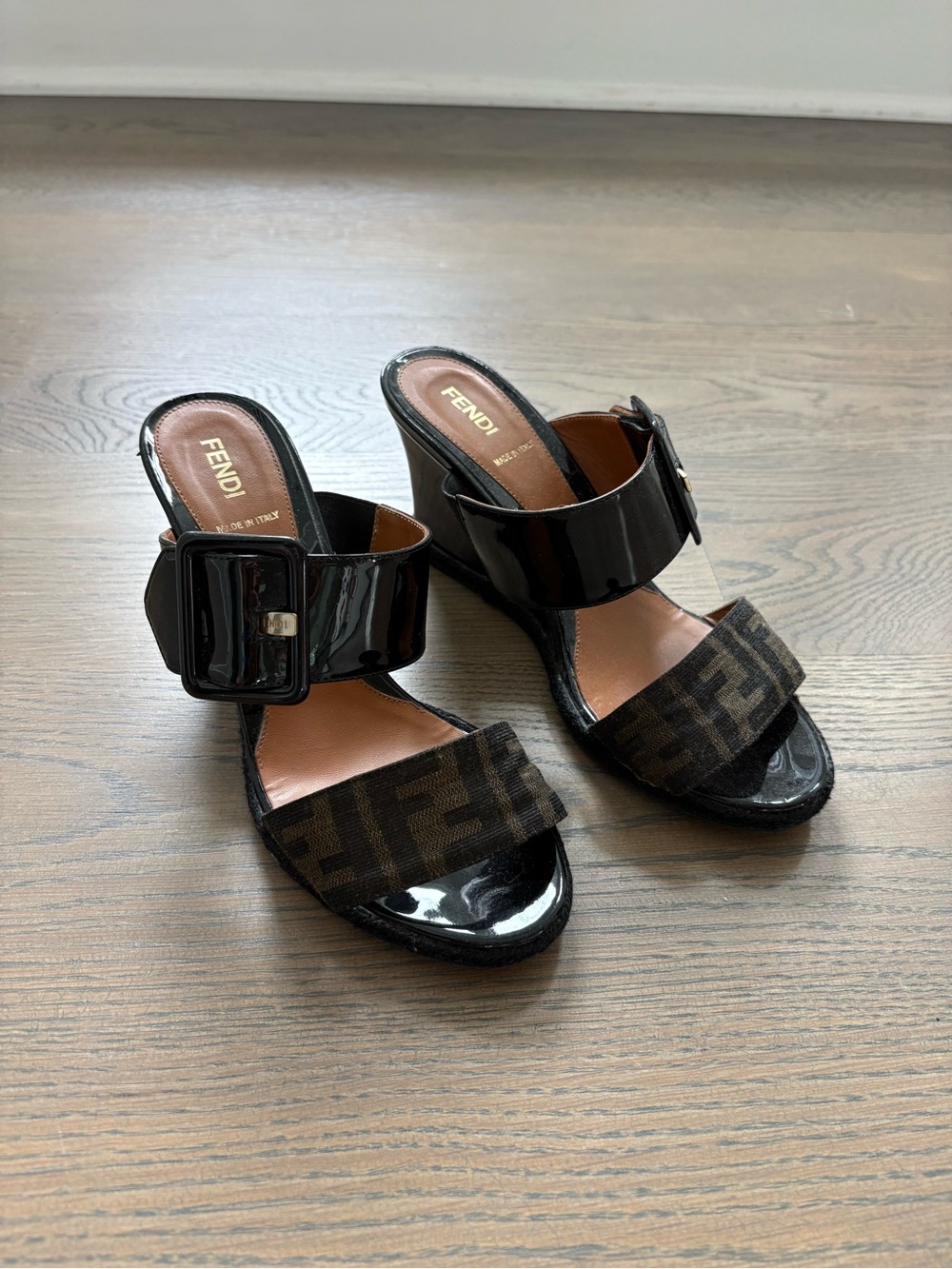 Fendi Black Patent Leather & Brown FF Canvas Wedge Mules